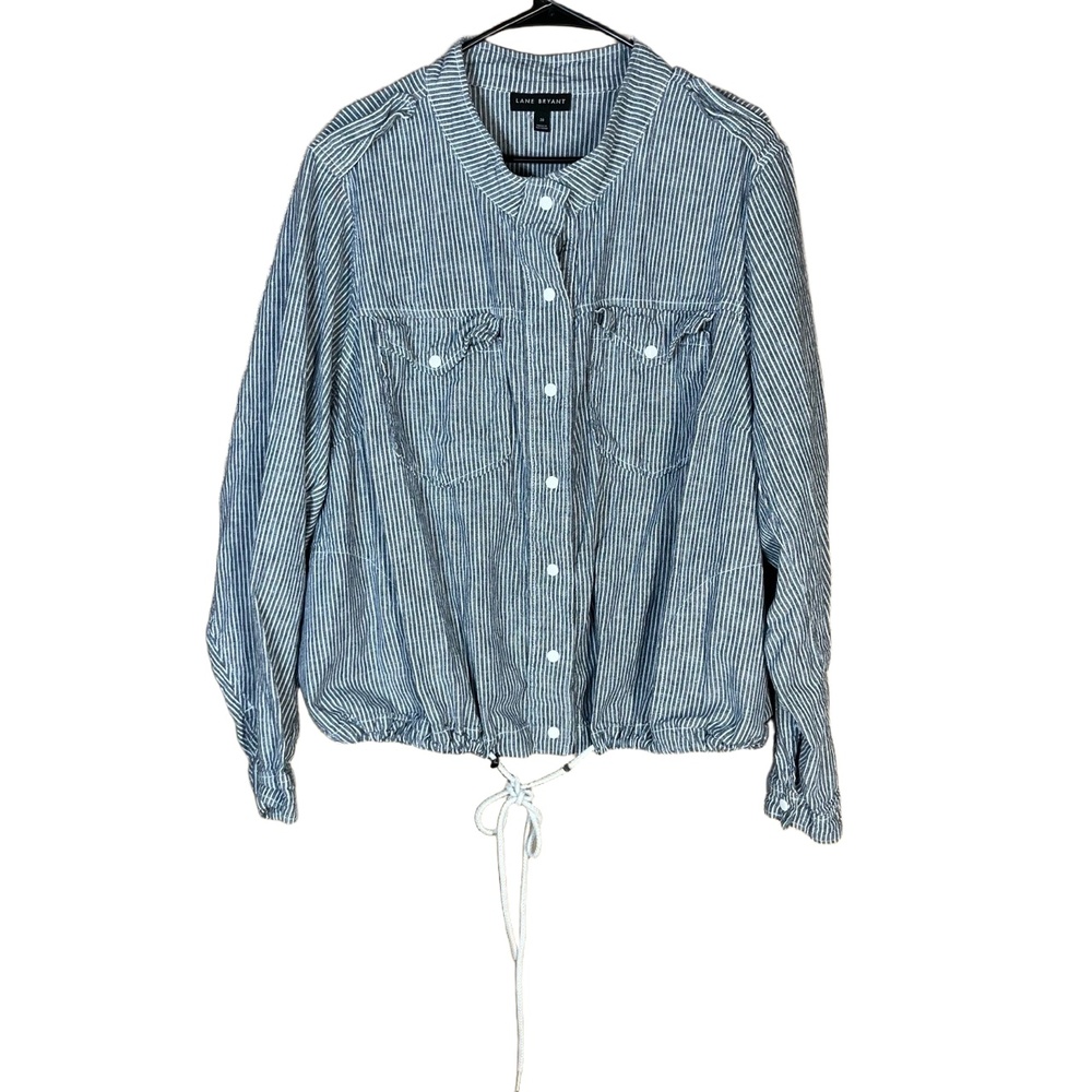 Lane Bryant Blue White Pinstripe Button Up Drawstring Waist Casual Top Size 28